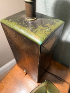 Mid-Century Modernist Brutalist Ceramic Table Lamp with Geometric Relief Base and Verdigris Patina, Circa 1950s–1960s