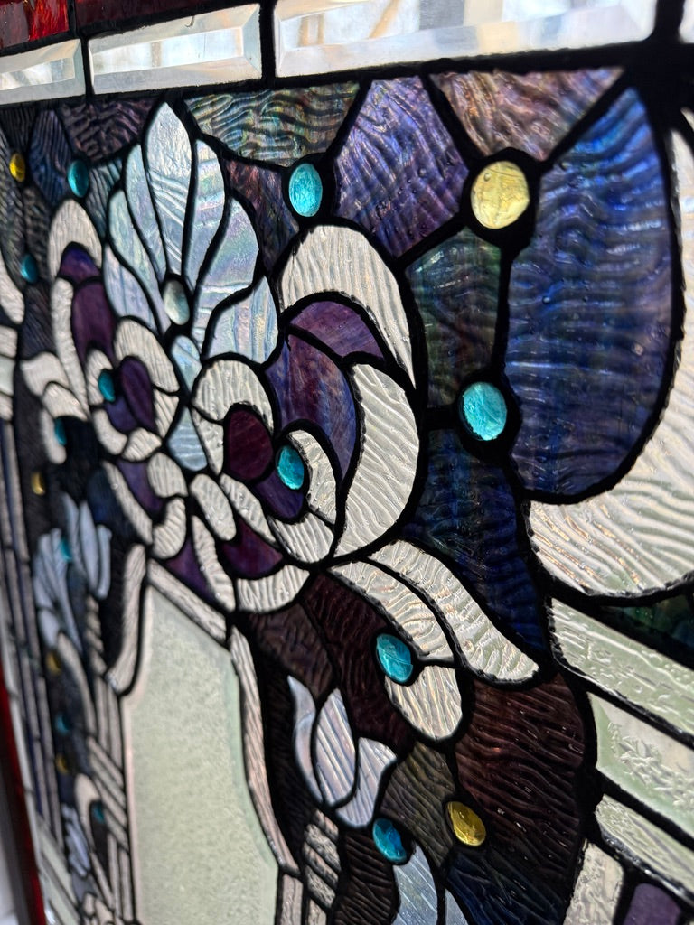 Antique Art Nouveau Stained Glass Window Panel c.1900–1915 – Floral Leaded Glass with Jewels