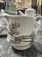 Hand-Painted Porcelain Coffee Pot, Teapot and Creamer with Grisaille Landscapes, Signed Claire and Dated C. Smith 1-84