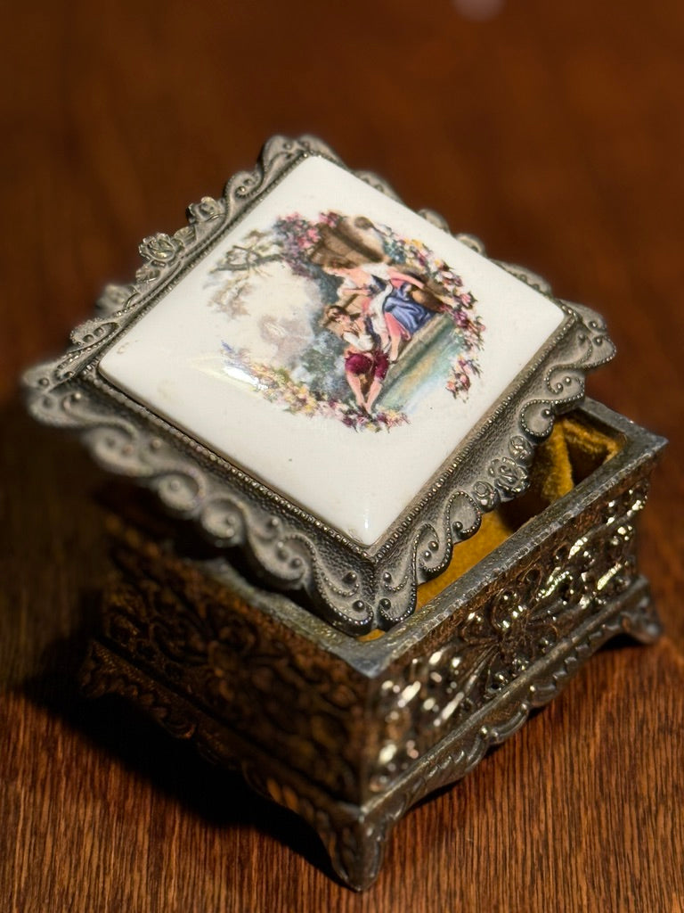 Antique Music Box with Hand-Painted Porcelain Lid and Ornate Metalwork, c. 1890–1915