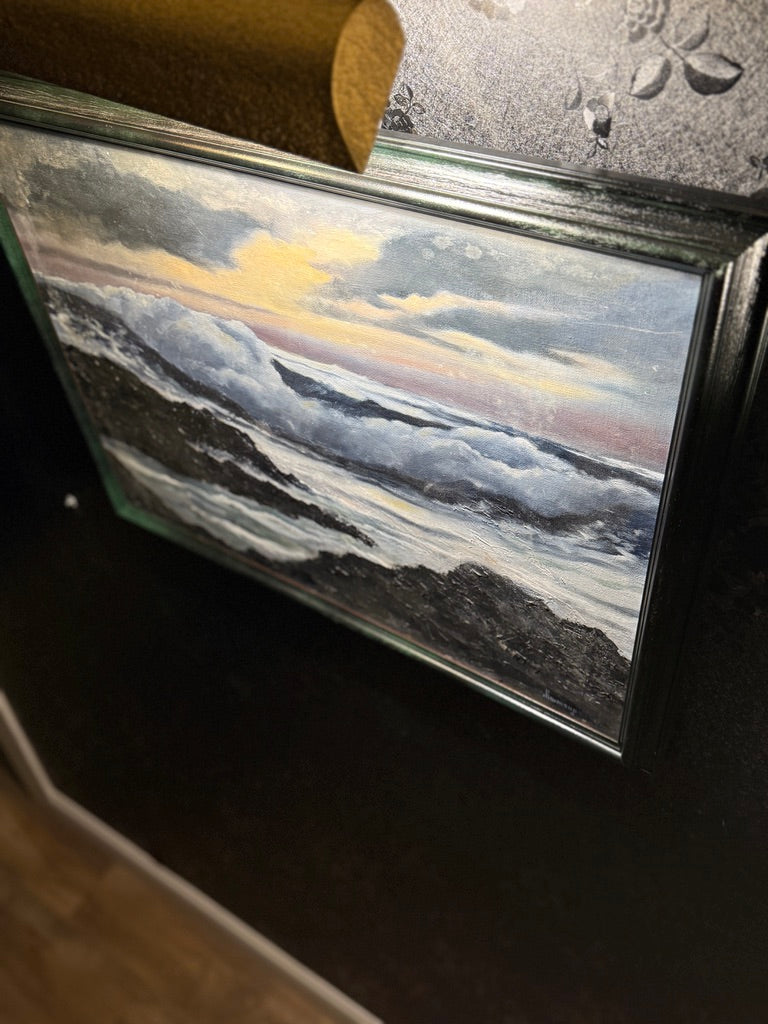 Signed Simmons Coastal Seascape Oil Painting (20th Century) – Impasto Shoreline Scene