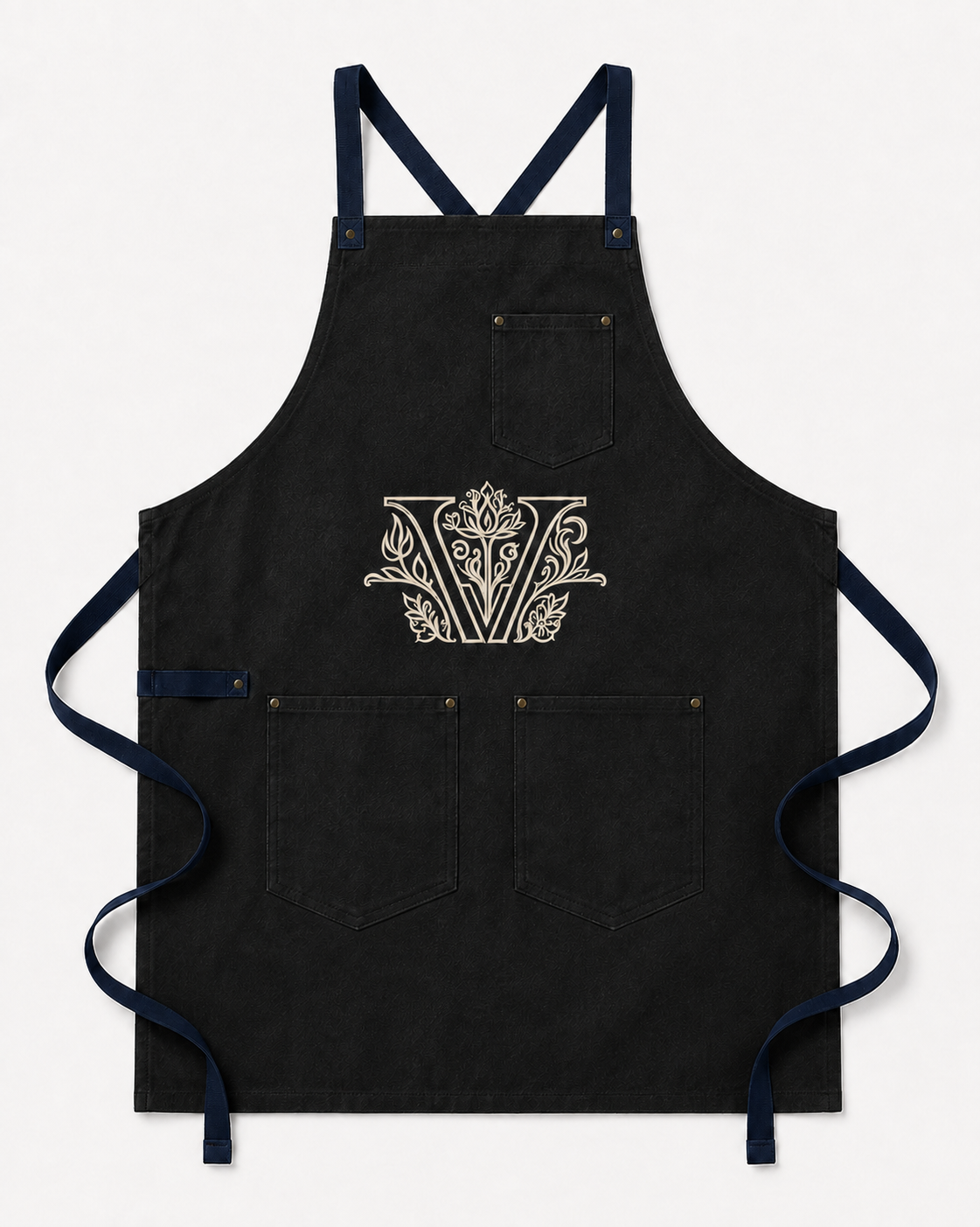 The Morris Apron, Heavy-Duty Washed Denim with Embroidered Botanical Monogram