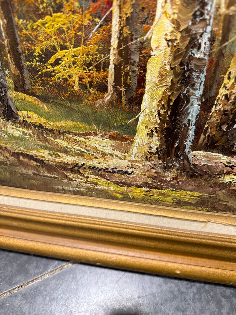 Mid-Century Signed H. Wilson Oil Landscape Painting, Alpine River Scene