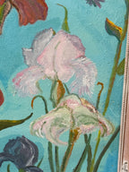 Large Bearded Iris Oil Painting on Turquoise, Monogrammed, Limed Rococo Frame, c. 1990–2010