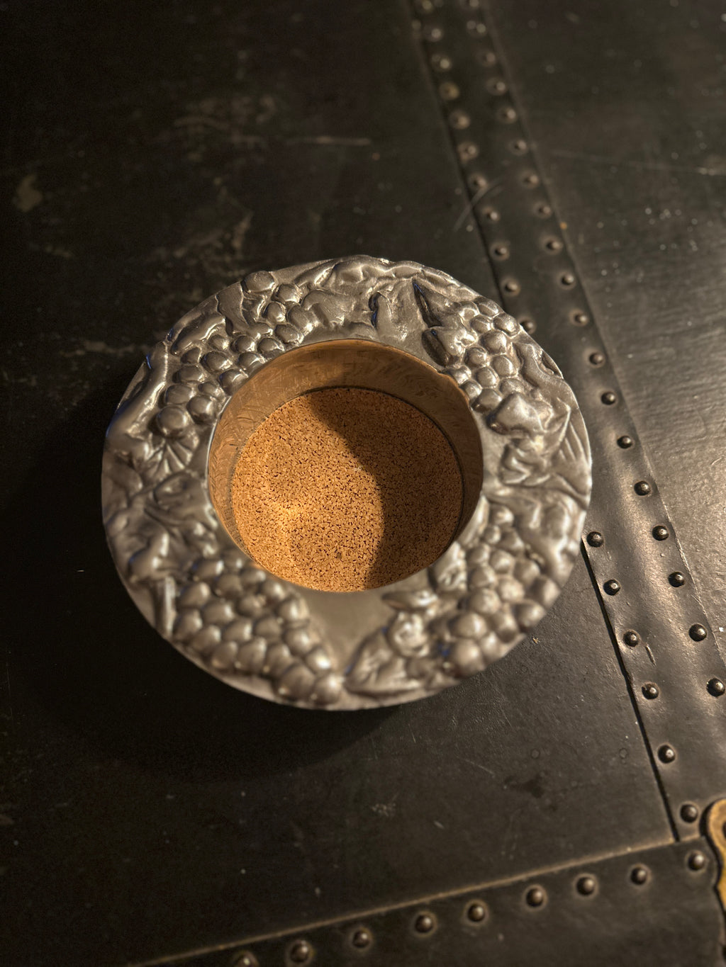 Holland Boone Polished Pewter Grapevine Wine Bottle Coaster, c. 1970