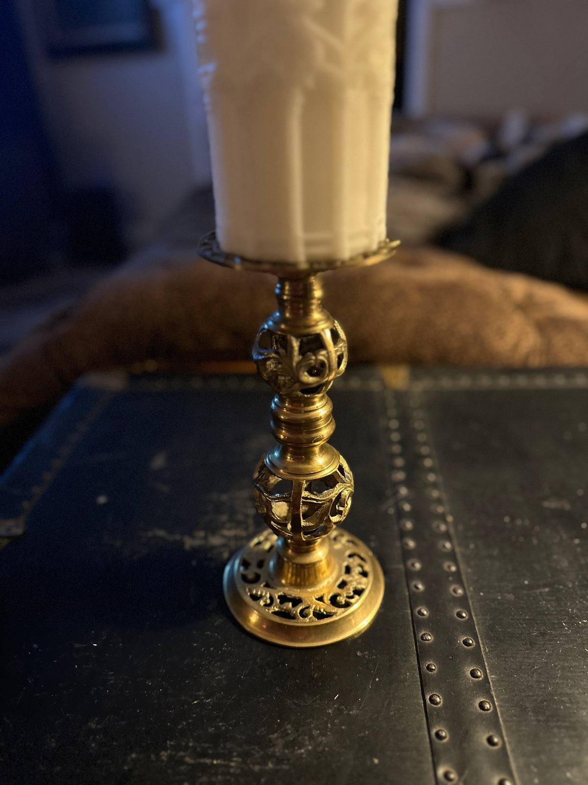 Vintage Pierced Brass Pillar Candle Holder
