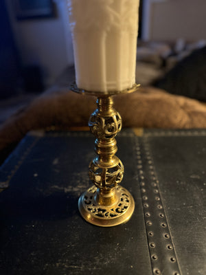 Vintage Pierced Brass Pillar Candle Holder