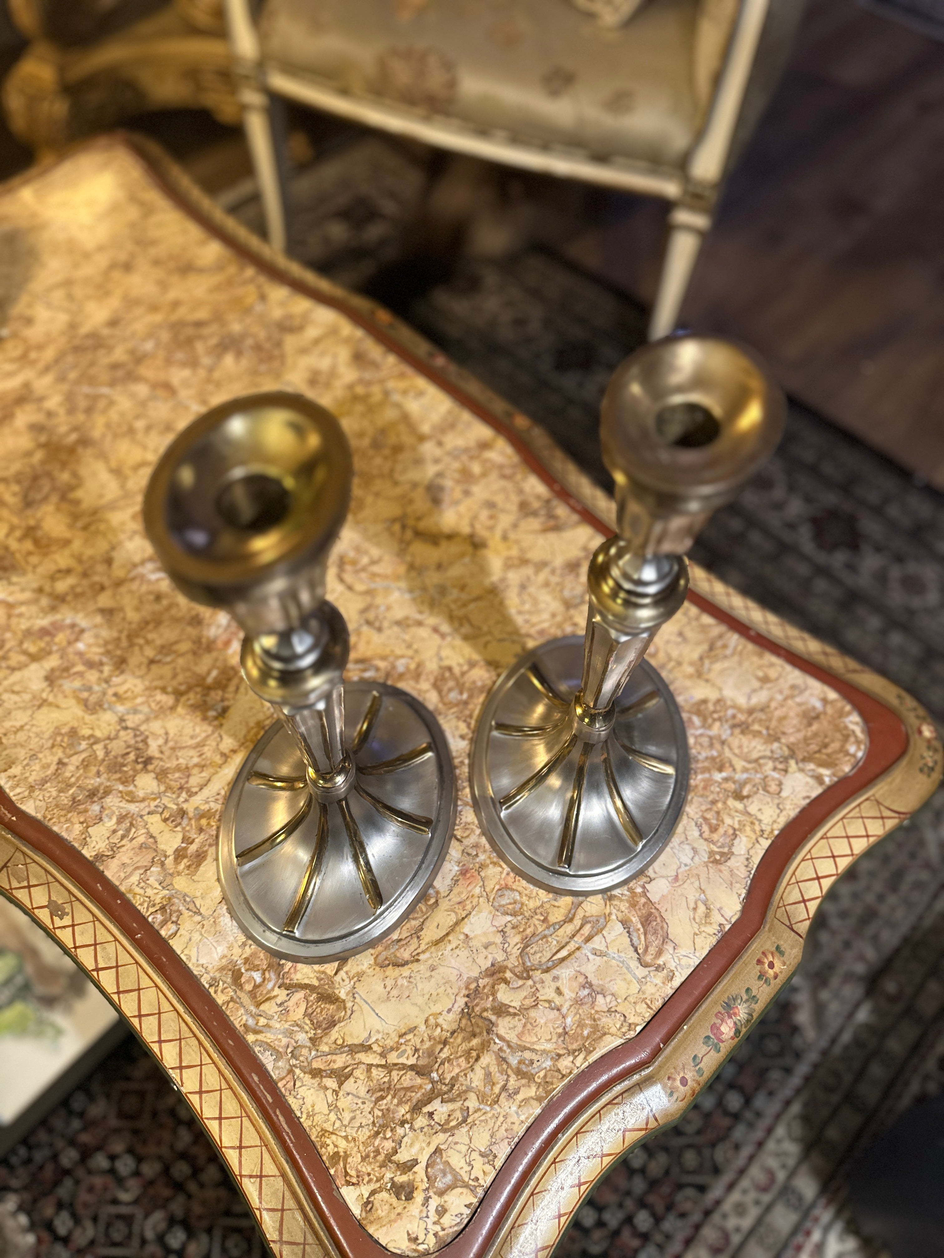 Pair of Vintage Two-Tone Neoclassical Metal Candlesticks, c. 1970s