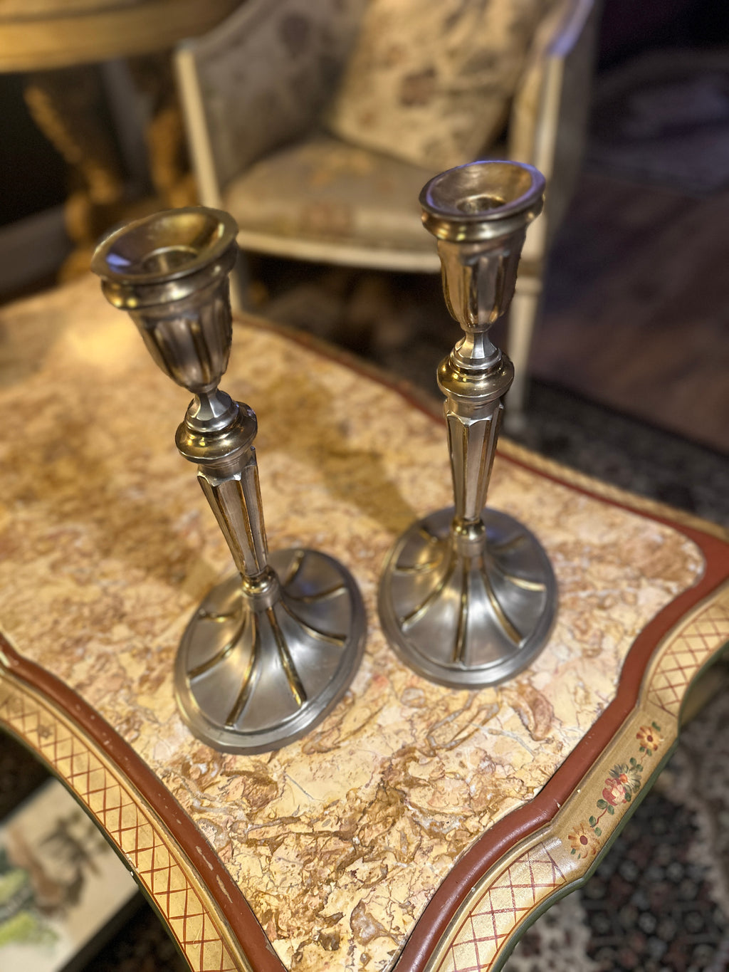 Pair of Vintage Two-Tone Neoclassical Metal Candlesticks, c. 1970s