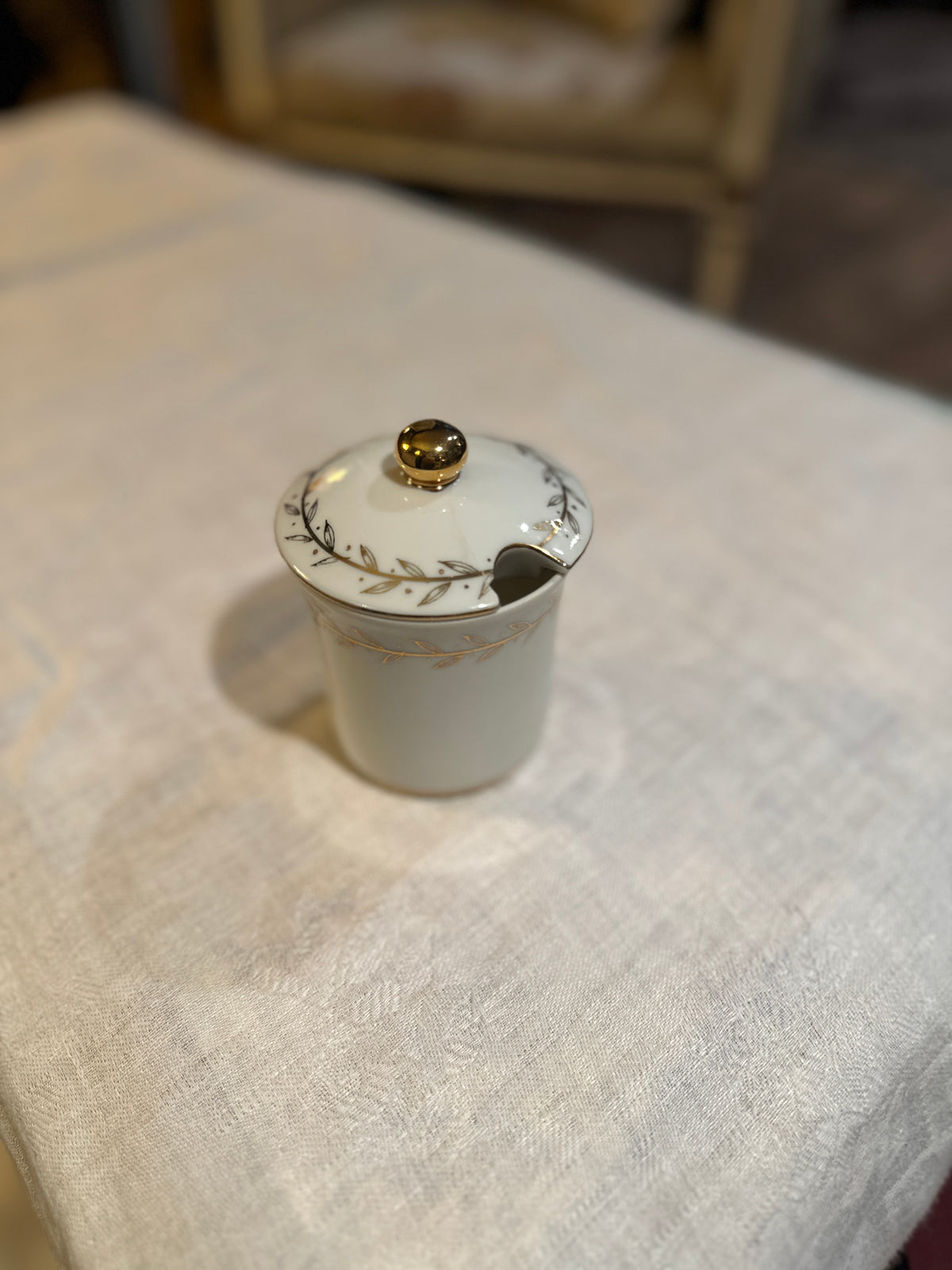 Vintage Golden Laurel Porcelain Covered Jam Jar, Hand-Painted 22K Gold, c. 1960s–1980s