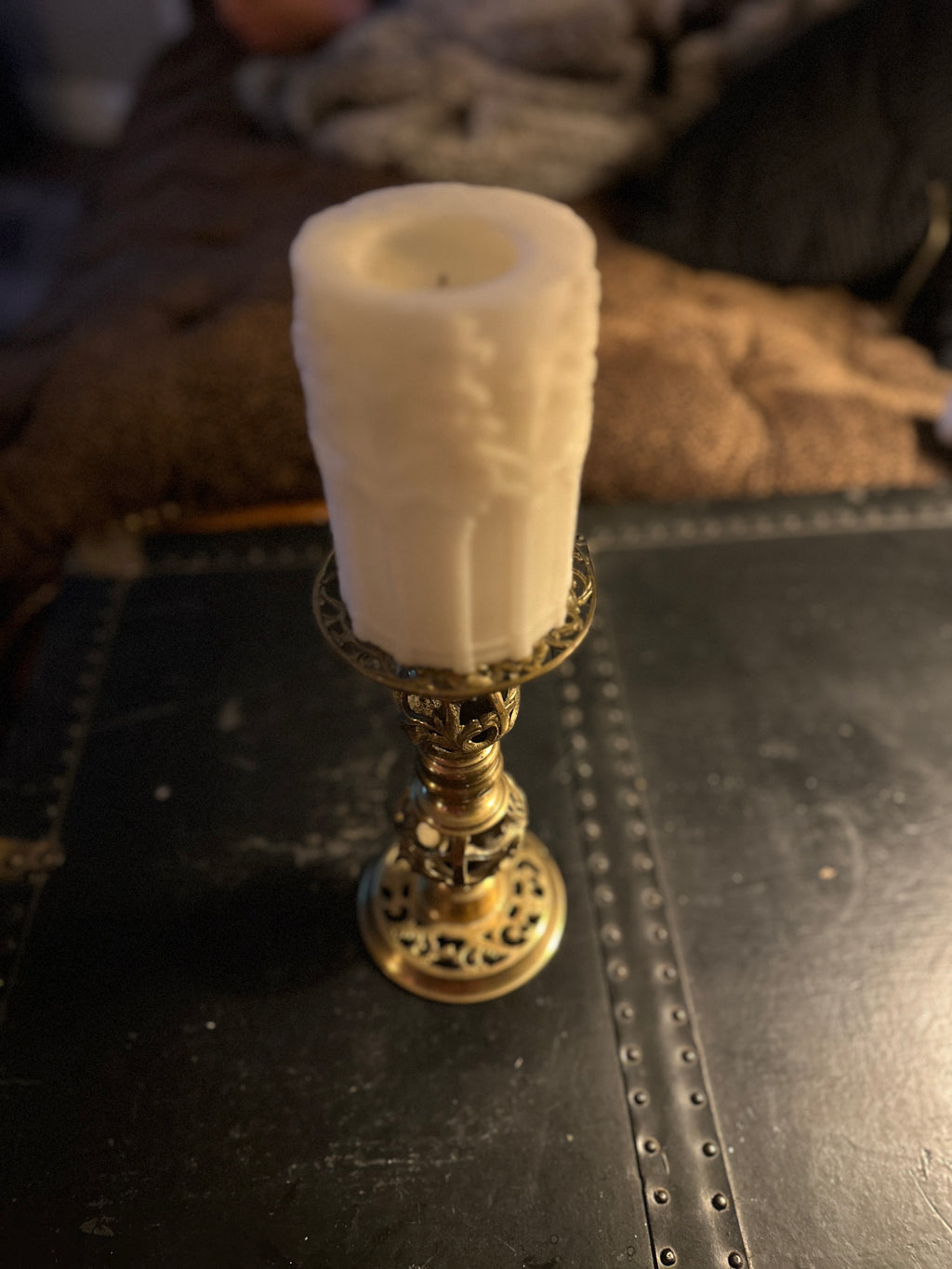 Vintage Pierced Brass Pillar Candle Holder