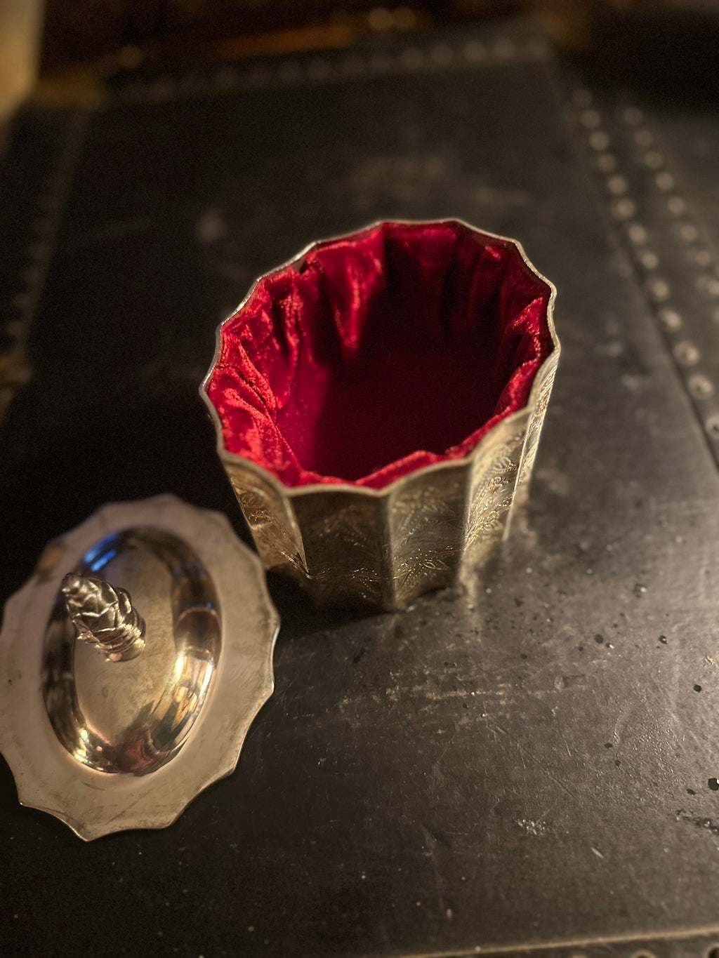 Vintage Silverplate Red Velvet Trinket Box