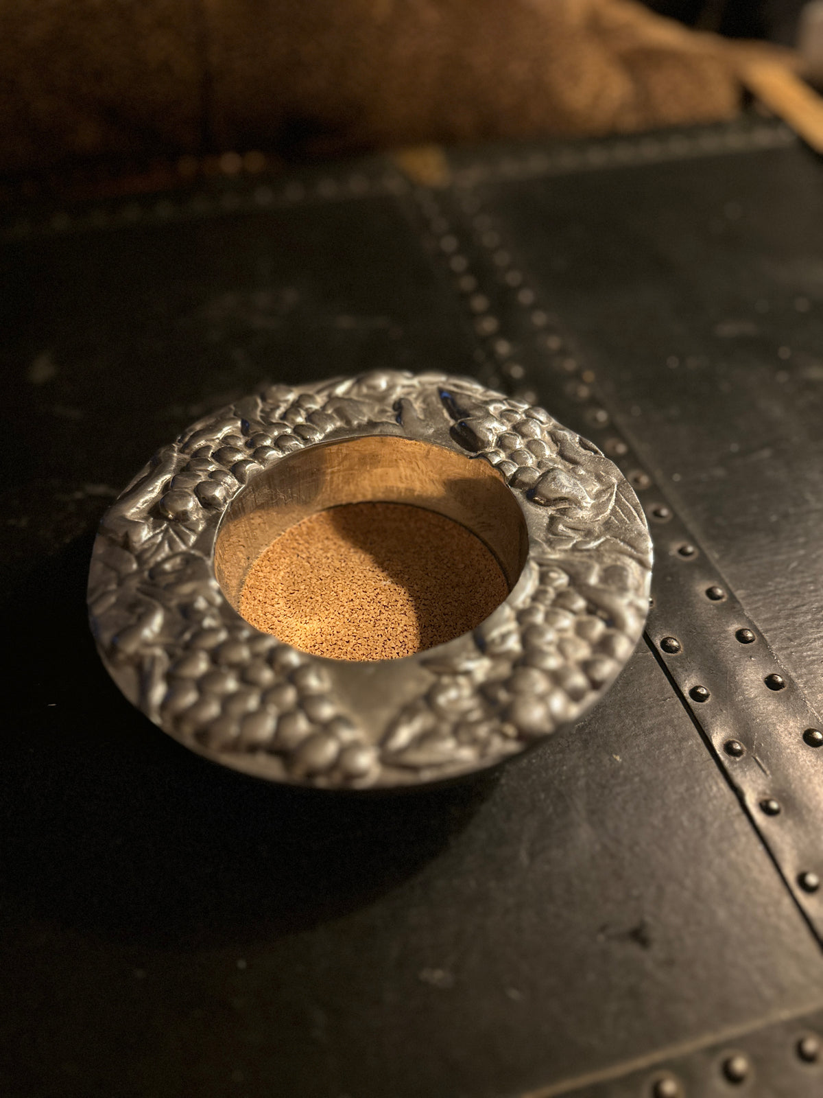 Holland Boone Polished Pewter Grapevine Wine Bottle Coaster, c. 1970