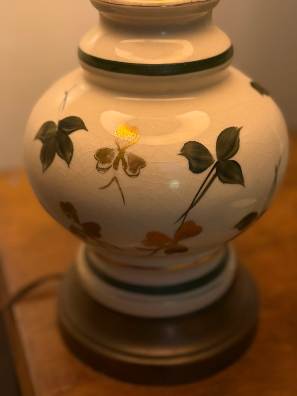 Hand-Painted Ceramic Table Lamp with Crackle Glaze & Floral Motif, c. 1930s–1940s