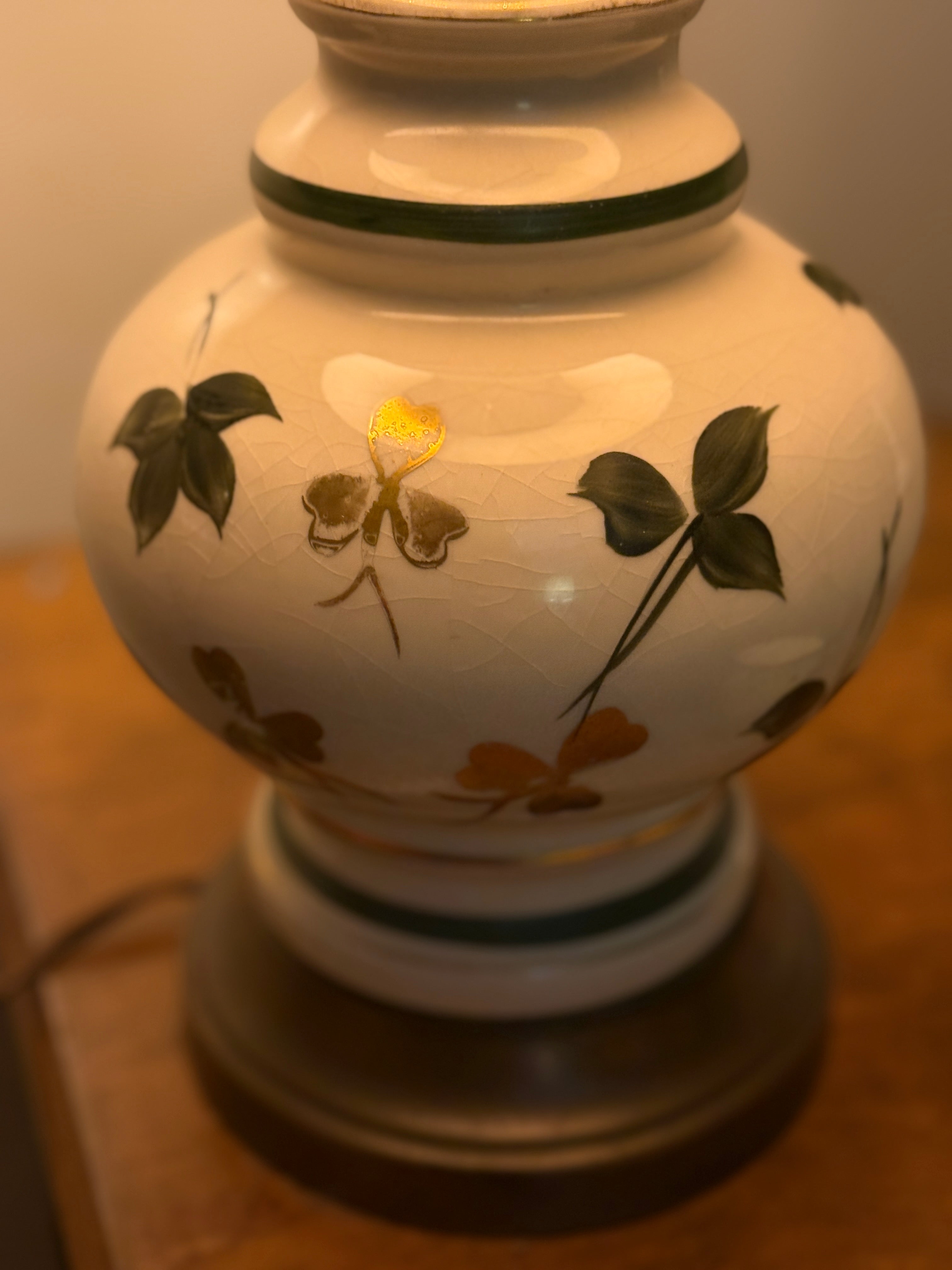 Hand-Painted Ceramic Table Lamp with Crackle Glaze & Floral Motif, c. 1930s–1940s