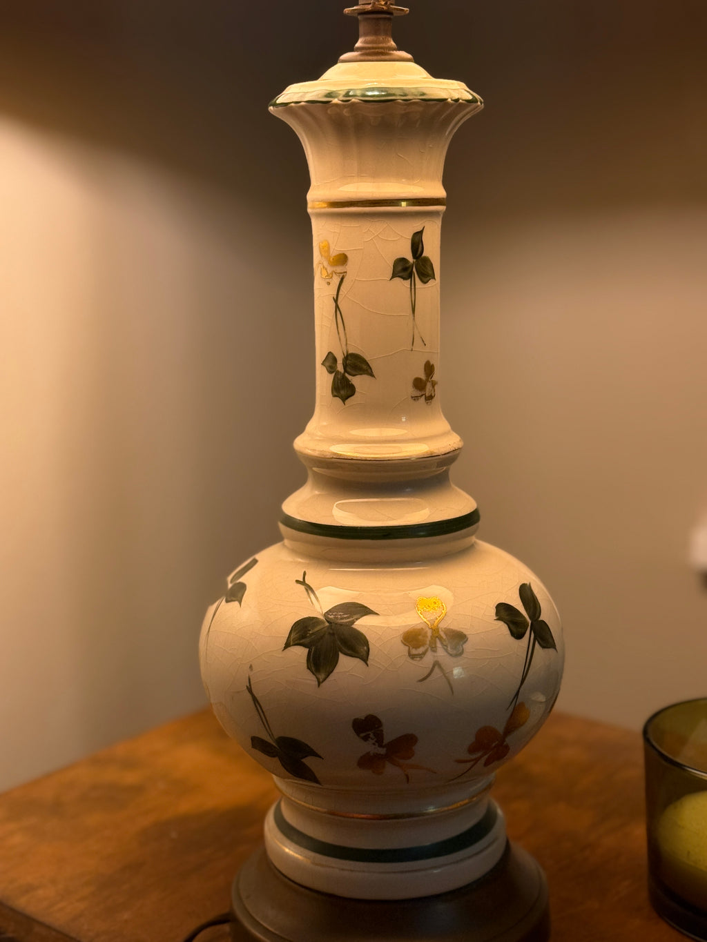 Hand-Painted Ceramic Table Lamp with Crackle Glaze & Floral Motif, c. 1930s–1940s