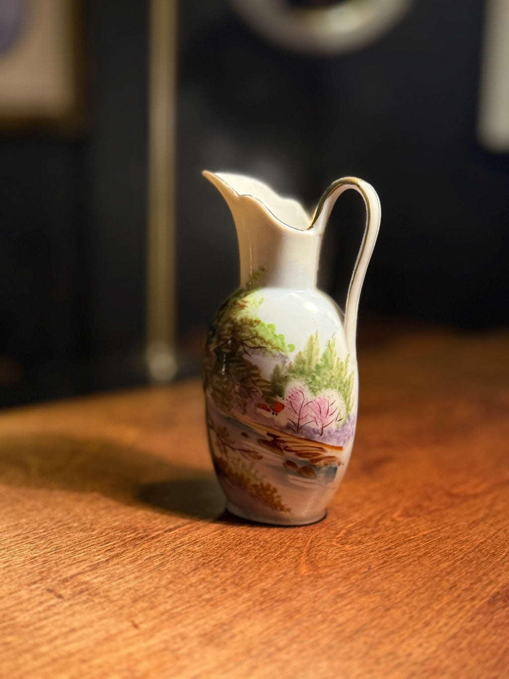 Hand-Painted Porcelain Creamer with Scalloped Spout & Gold Trim, c. 1930–1945