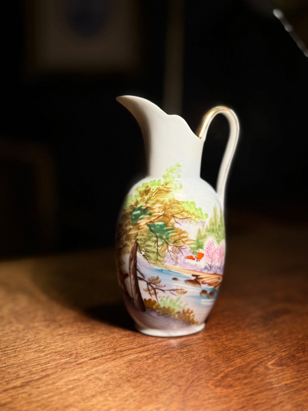 Hand-Painted Porcelain Creamer with Scalloped Spout & Gold Trim, c. 1930–1945