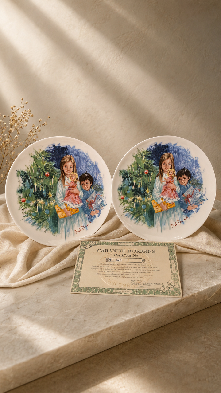 Pair of Vintage Limoges-Turgot “Cécile et Raoul” Porcelain Collector Plates by Paul Durand, c. 1980