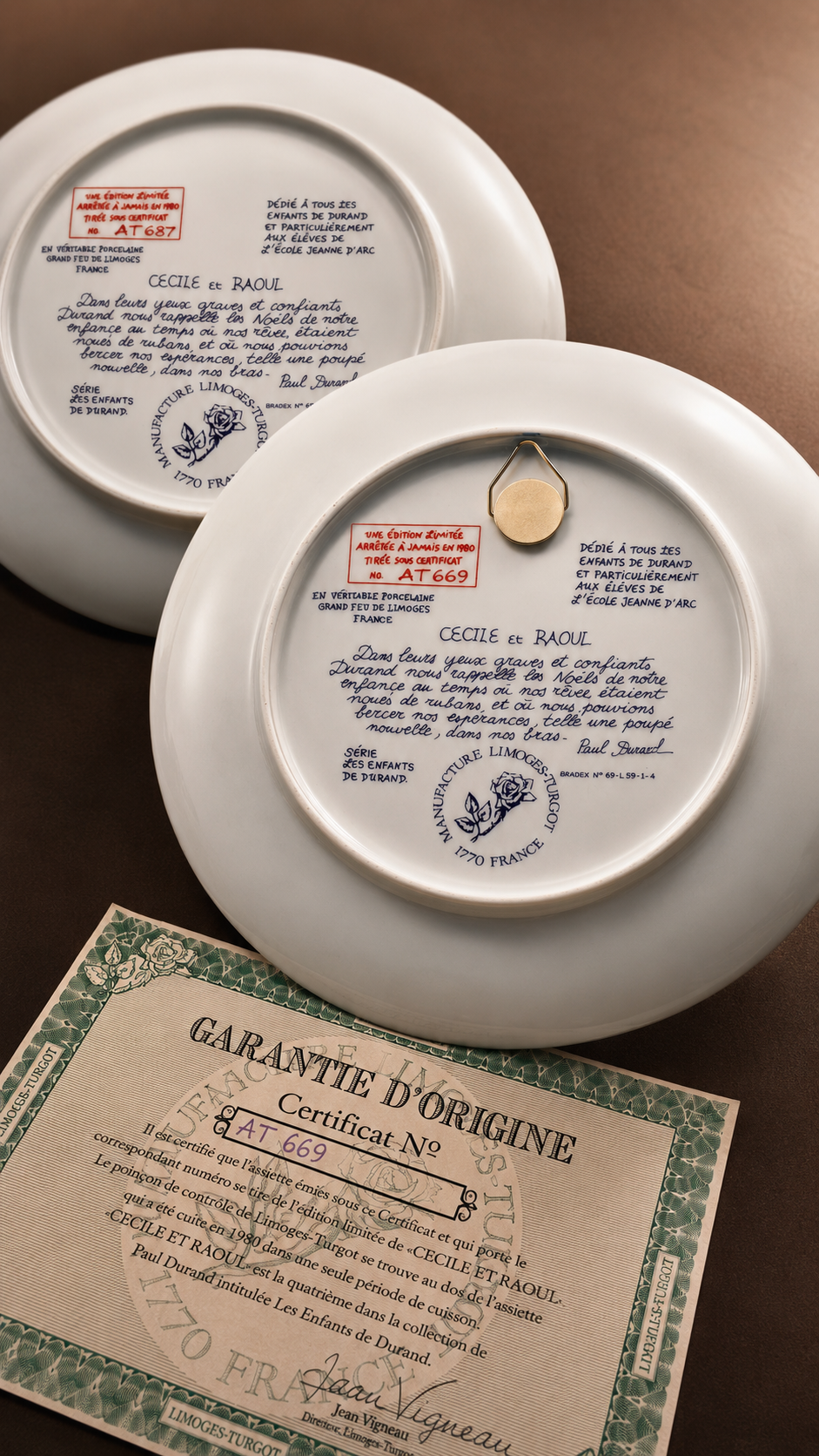 Pair of Vintage Limoges-Turgot “Cécile et Raoul” Porcelain Collector Plates by Paul Durand, c. 1980