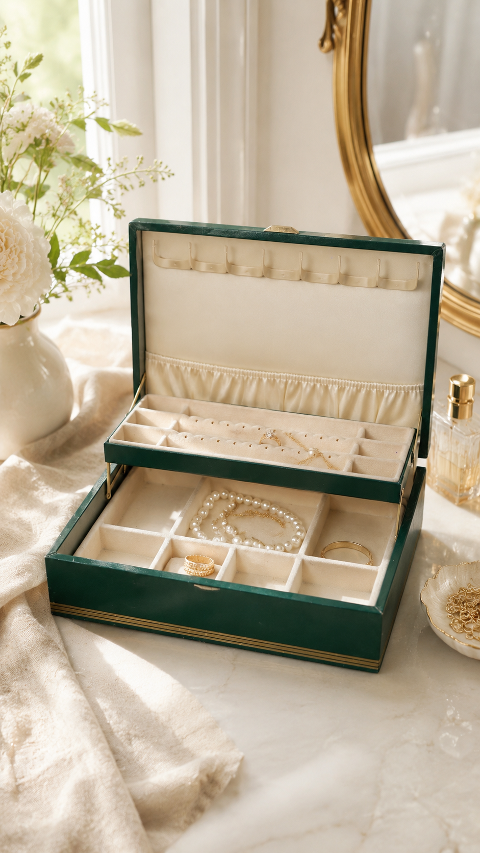 Vintage Mele Emerald Green Jewelry Box with Gold Trim, c. 1960s–1970s