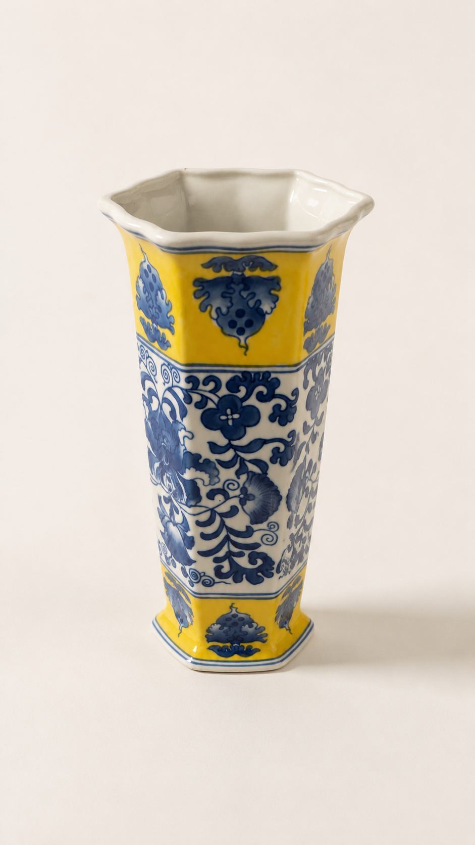 Vintage Chinese Blue & Yellow Chinoiserie Porcelain Umbrella Stand / Floor Vase