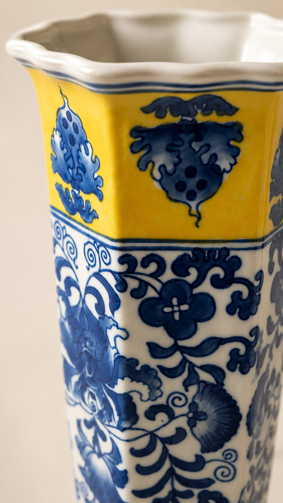 Vintage Chinese Blue & Yellow Chinoiserie Porcelain Umbrella Stand / Floor Vase
