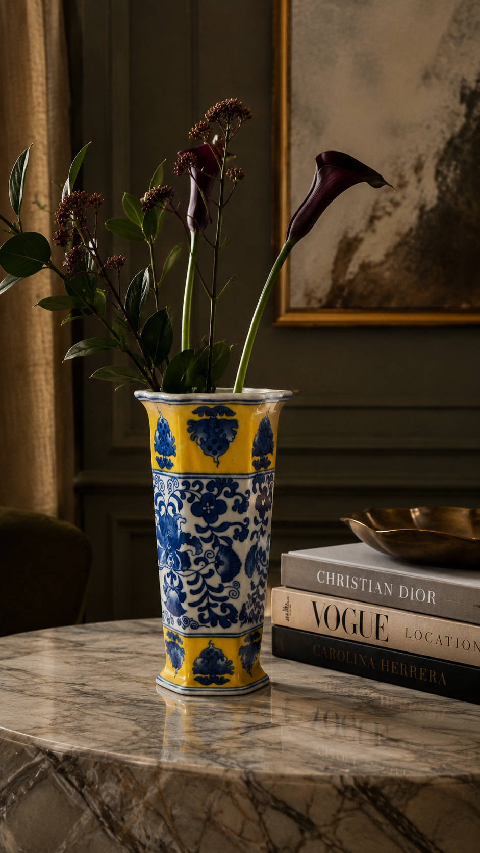 Vintage Chinese Blue & Yellow Chinoiserie Porcelain Umbrella Stand / Floor Vase