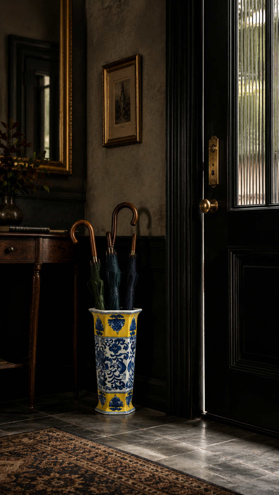 Vintage Chinese Blue & Yellow Chinoiserie Porcelain Umbrella Stand / Floor Vase