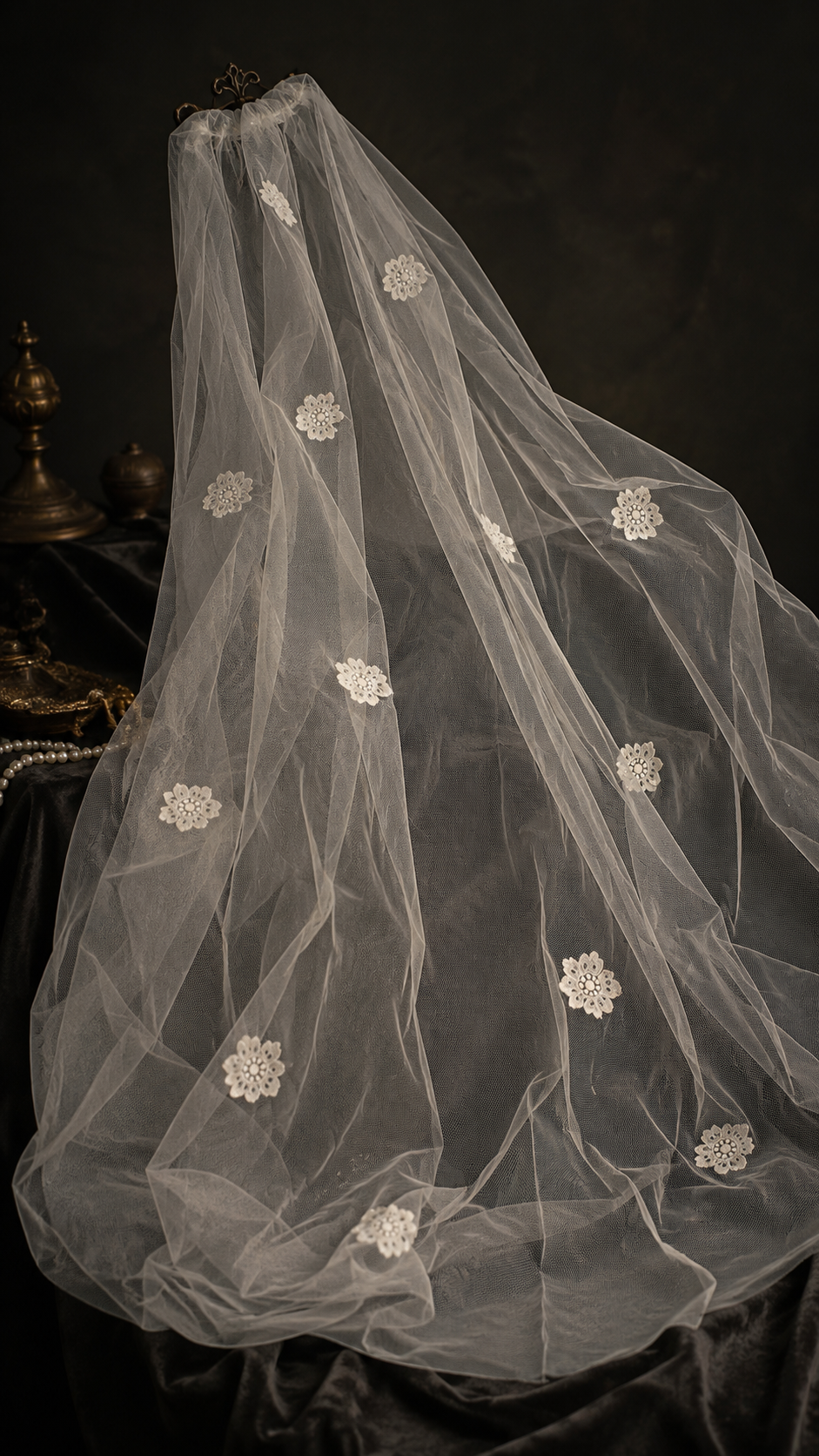 Cathedral-Length Vintage Ivory Tulle Bridal Veil with Floral Lace Appliqués, c. 1960s