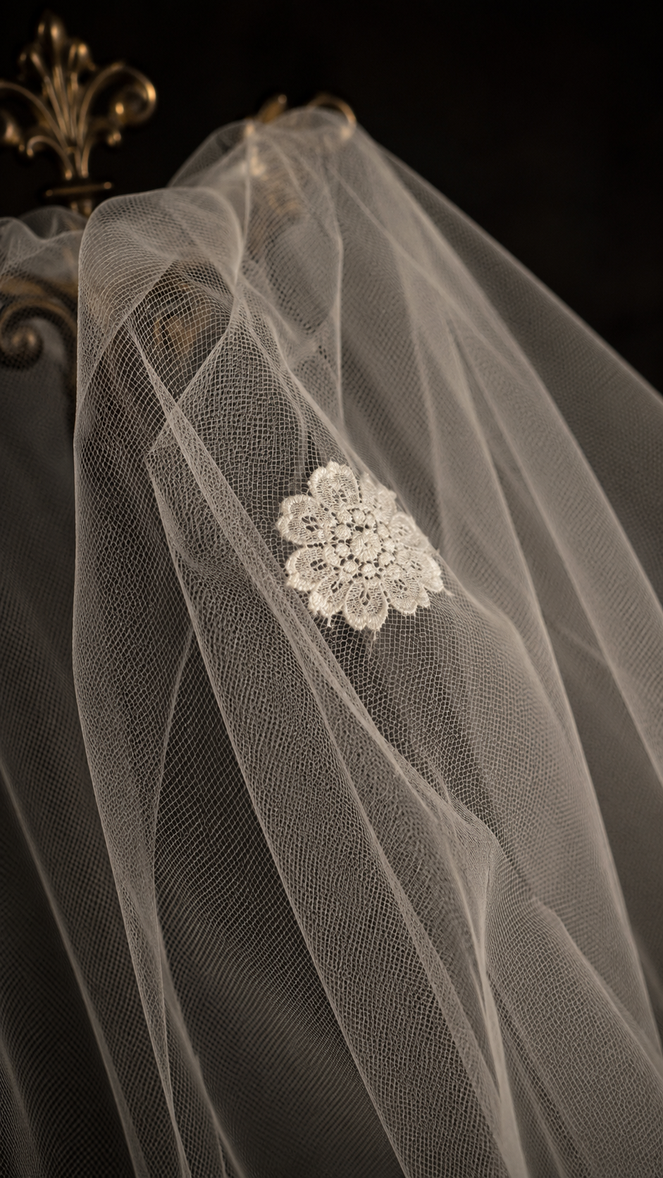 Cathedral-Length Vintage Ivory Tulle Bridal Veil with Floral Lace Appliqués, c. 1960s