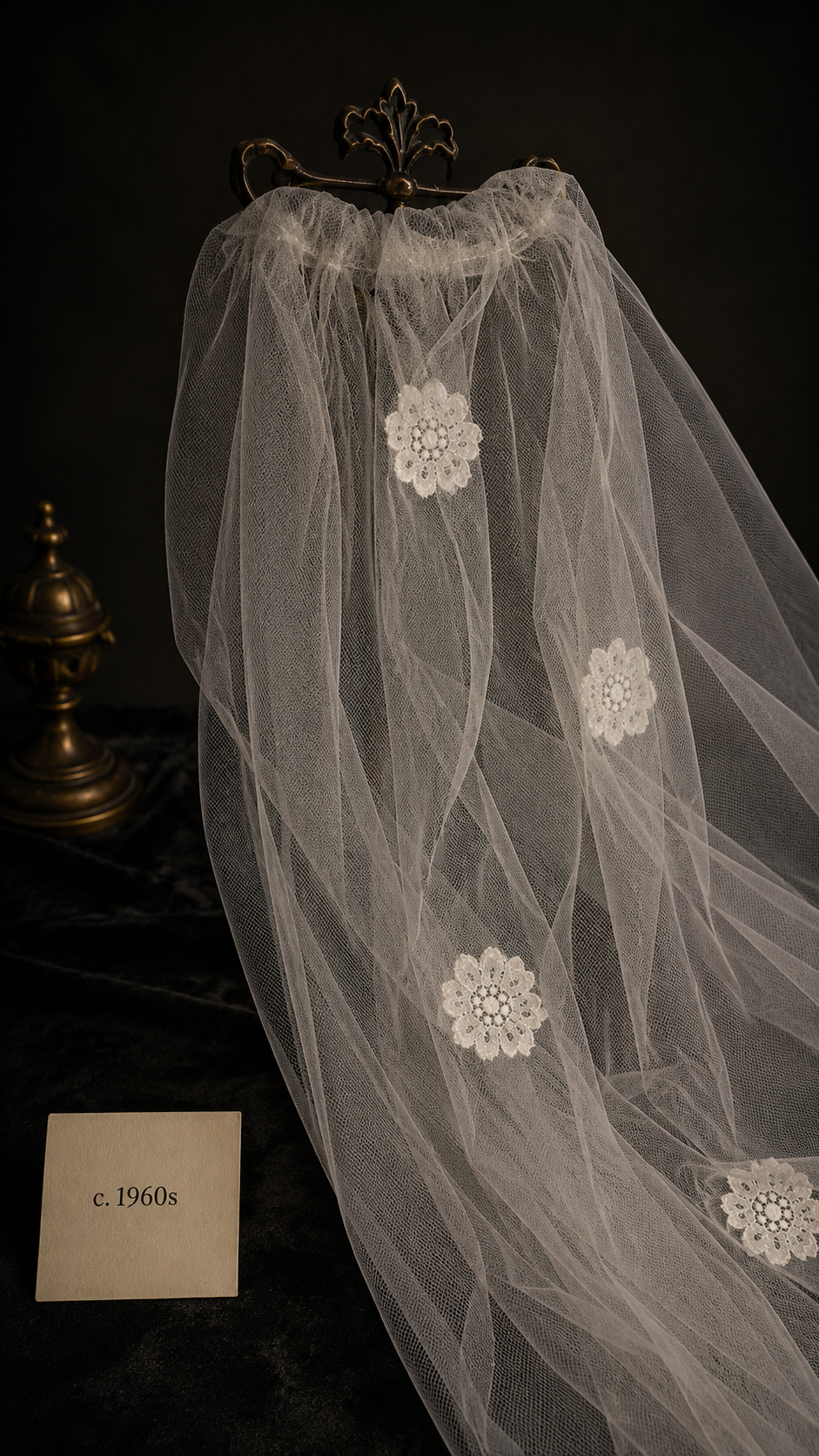 Cathedral-Length Vintage Ivory Tulle Bridal Veil with Floral Lace Appliqués, c. 1960s