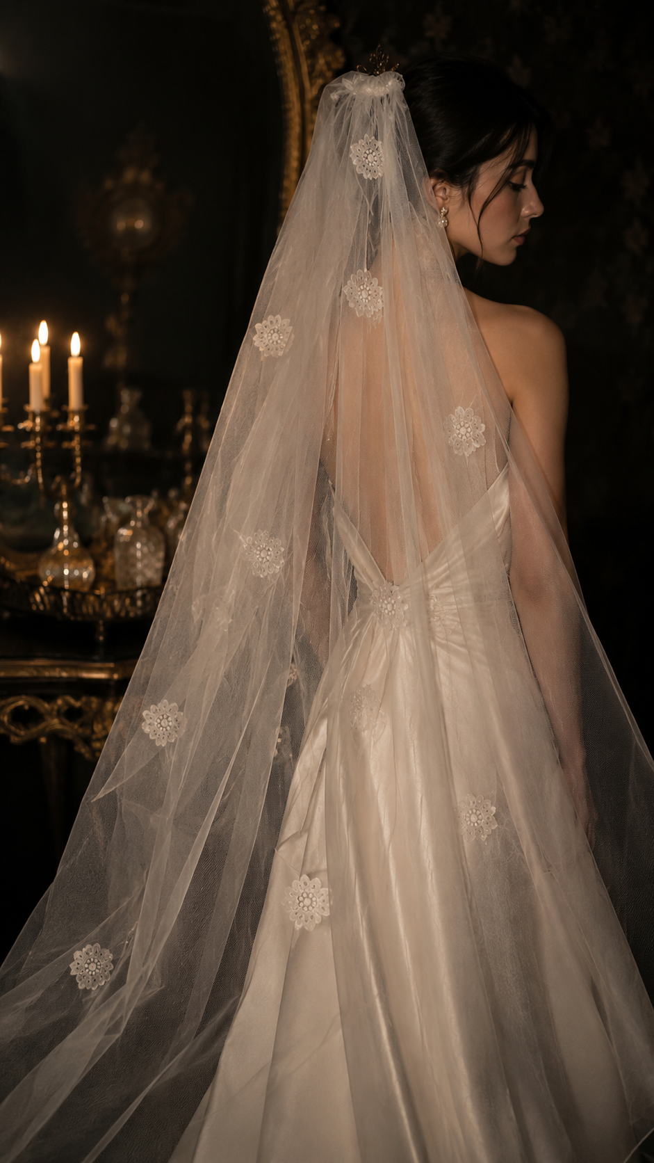 Cathedral-Length Vintage Ivory Tulle Bridal Veil with Floral Lace Appliqués, c. 1960s