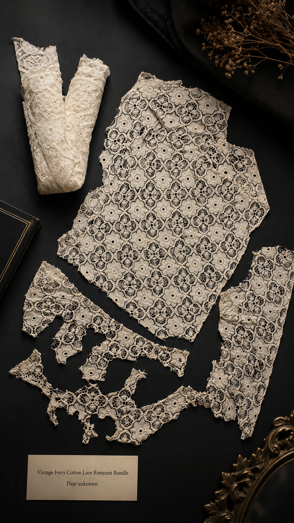 Vintage Ivory Cotton Lace Remnant Bundle with 31” x 21” Panel, RAF