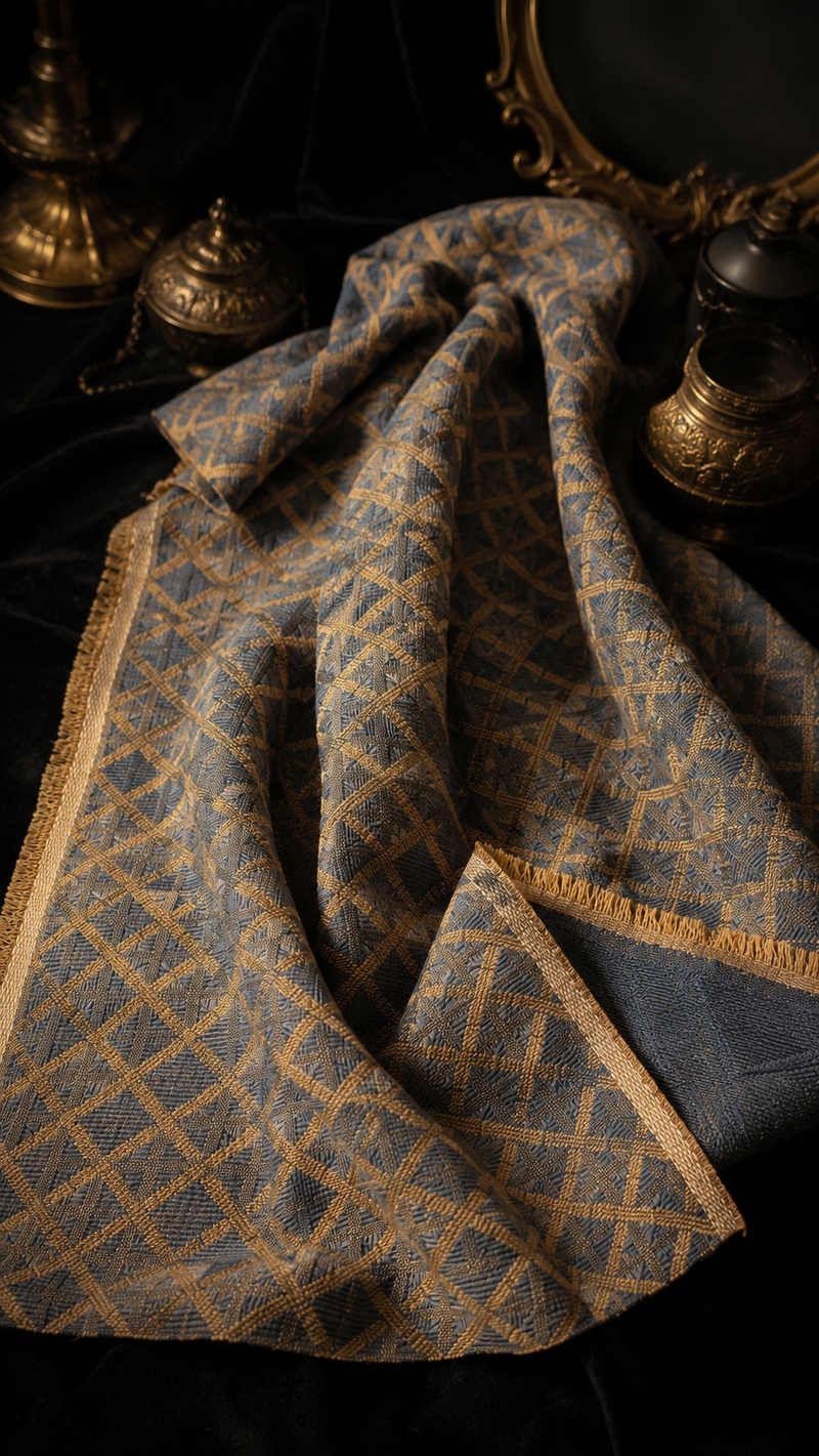 Vintage Blue & Tan Jacquard Upholstery Fabric Remnant with Trellis Pattern