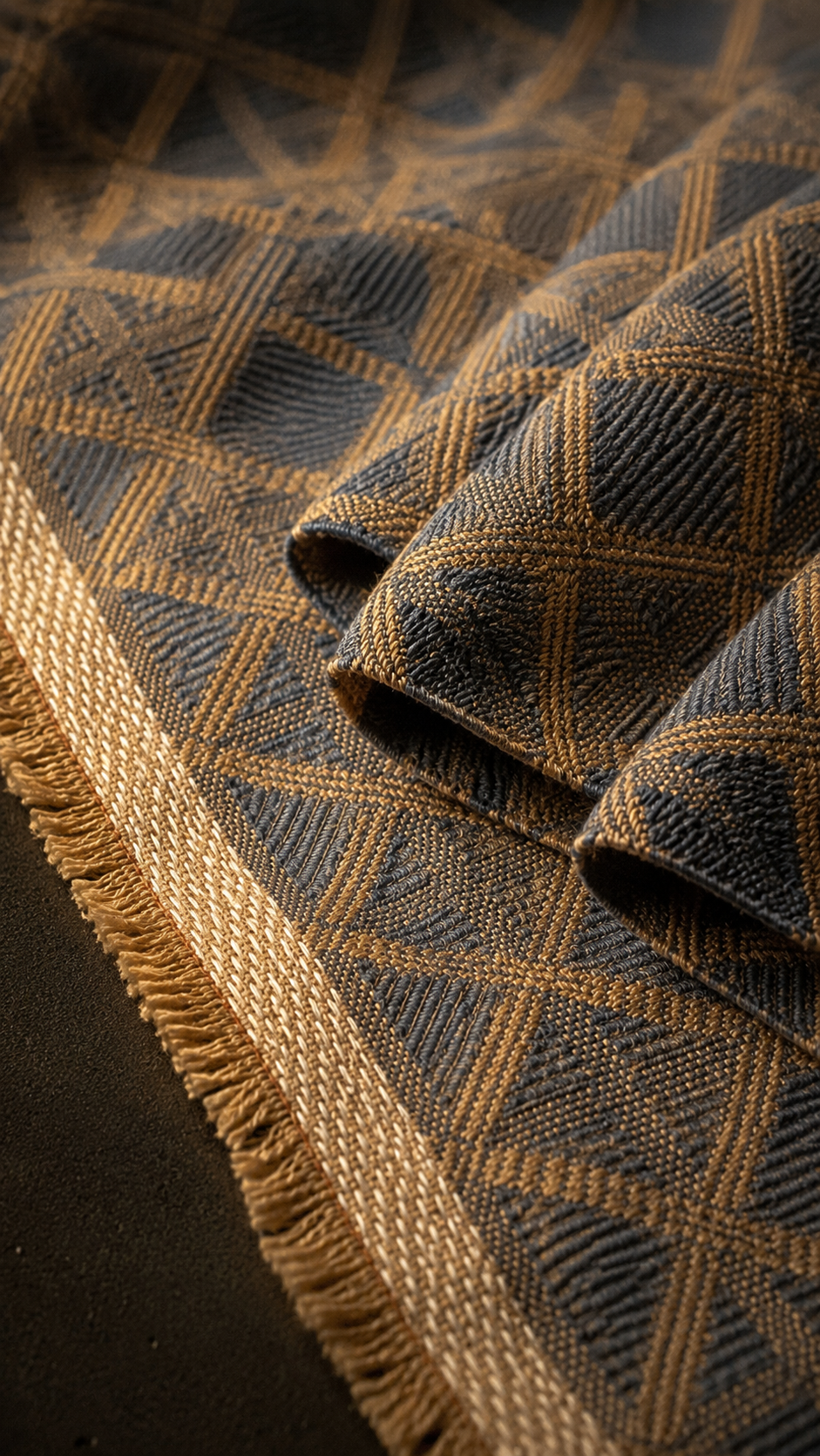 Vintage Blue & Tan Jacquard Upholstery Fabric Remnant with Trellis Pattern, RAF