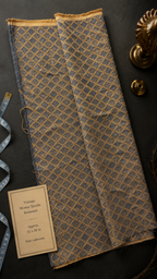 Vintage Blue & Tan Jacquard Upholstery Fabric Remnant with Trellis Pattern, RAF