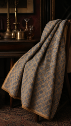 Vintage Blue & Tan Jacquard Upholstery Fabric Remnant with Trellis Pattern, RAF