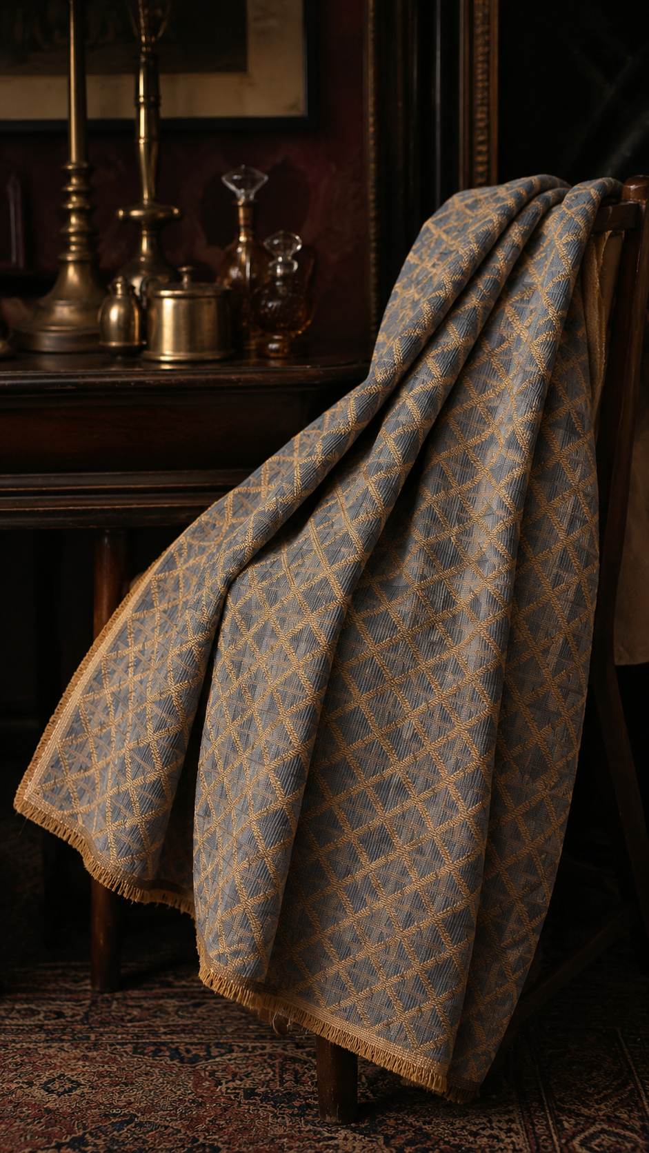 Vintage Blue & Tan Jacquard Upholstery Fabric Remnant with Trellis Pattern, RAF