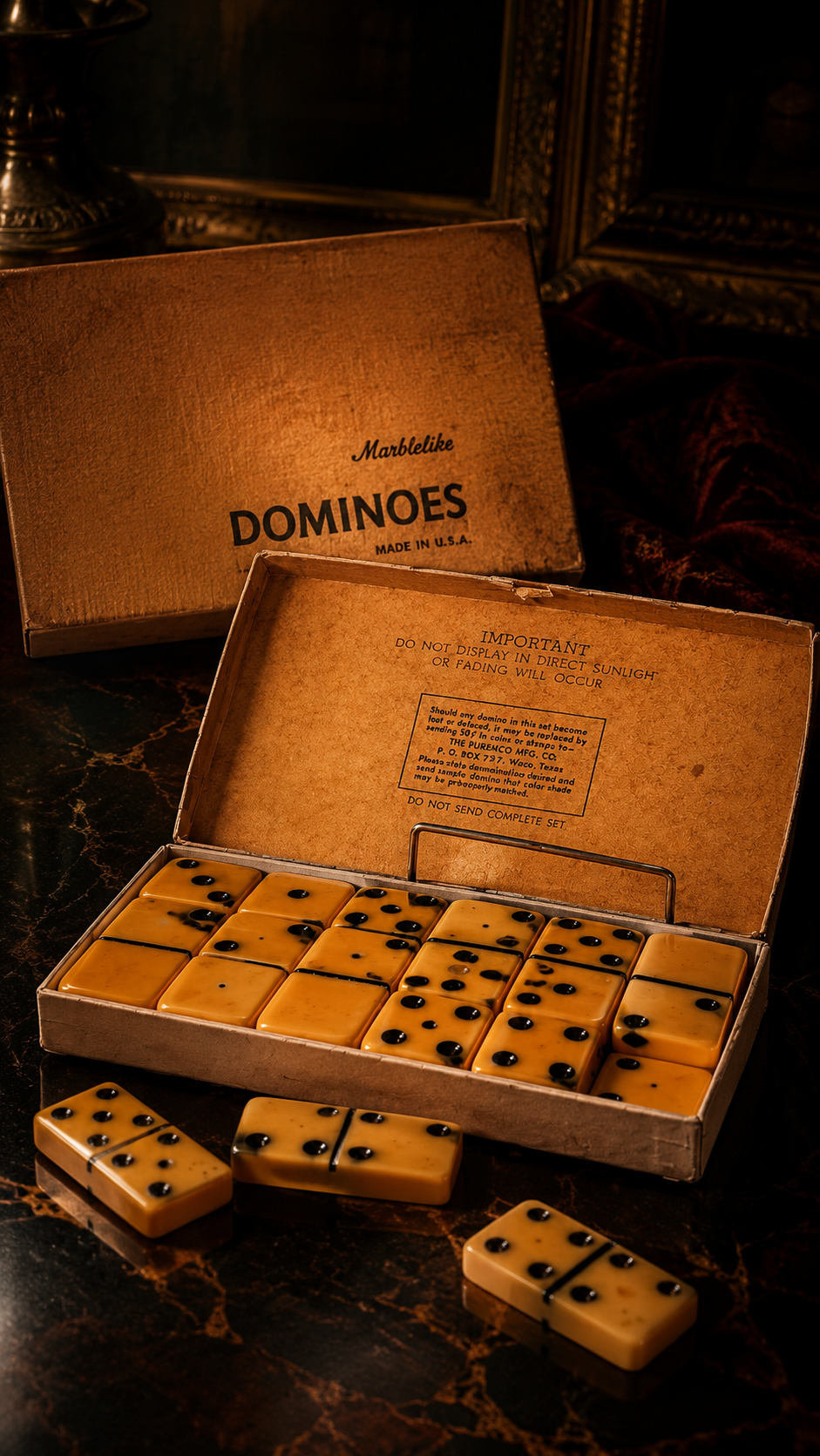 Vintage Puremco Marblelike Dominoes Set in Butterscotch Case
