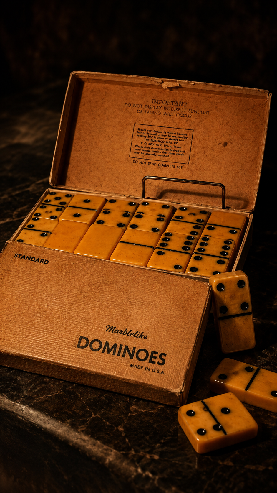 Vintage Puremco Marblelike Dominoes Set in Butterscotch Case