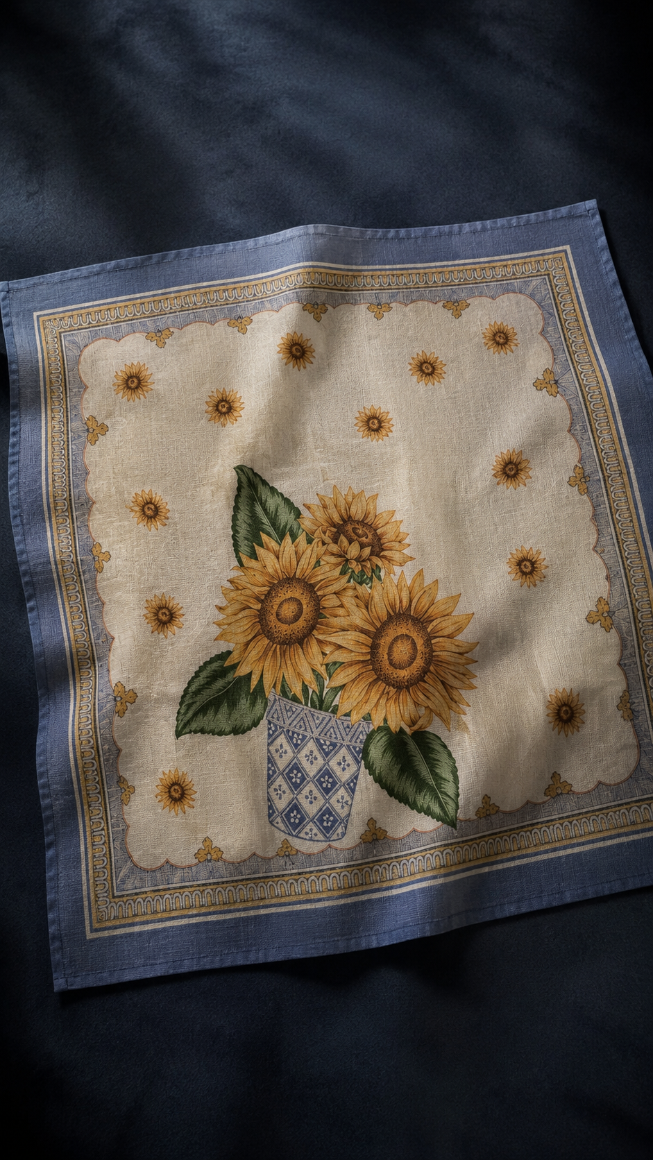 Vintage Sunflower Cotton-Linen Handkerchief, Mediterranean Floral Textile