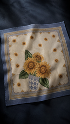Vintage Sunflower Cotton-Linen Handkerchief, Mediterranean Floral Textile