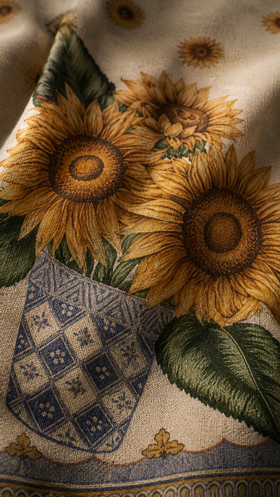 Vintage Sunflower Cotton-Linen Handkerchief, Mediterranean Floral Textile