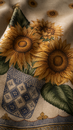 Vintage Sunflower Cotton-Linen Handkerchief, Mediterranean Floral Textile