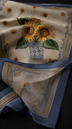 Vintage Sunflower Cotton-Linen Handkerchief, Mediterranean Floral Textile