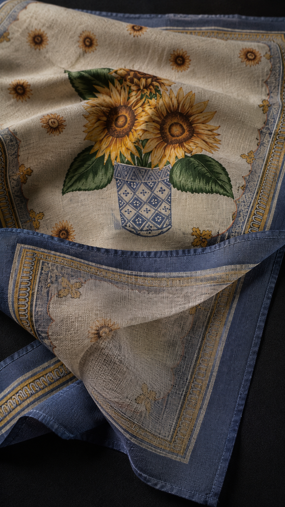 Vintage Sunflower Cotton-Linen Handkerchief, Mediterranean Floral Textile