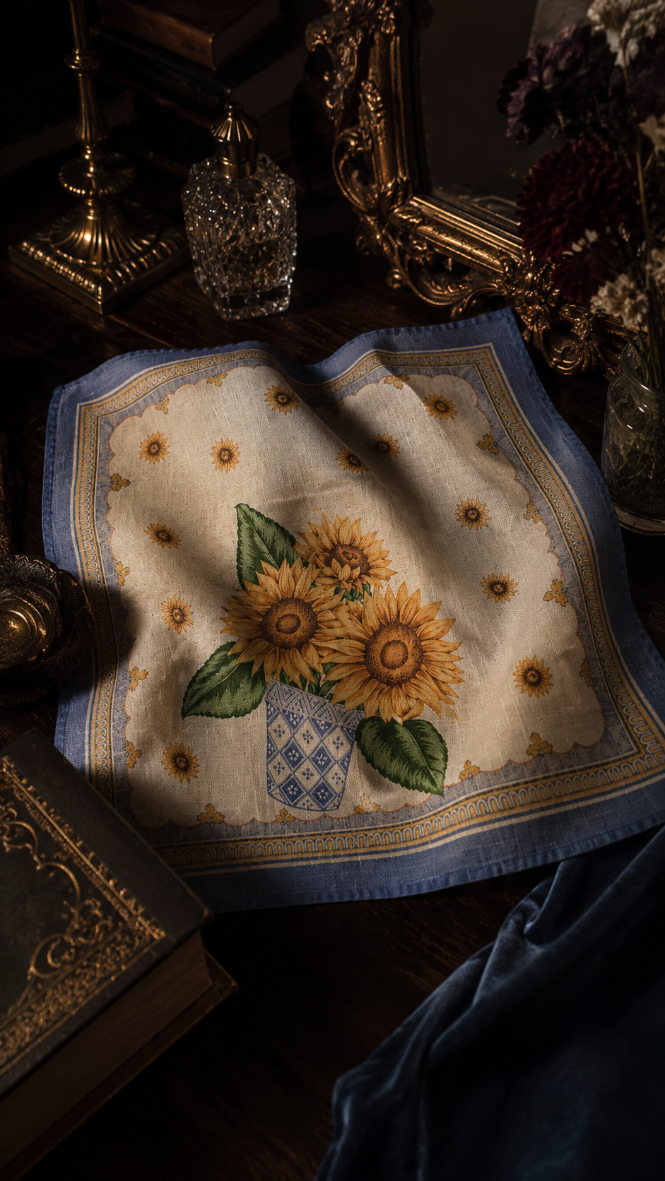 Vintage Sunflower Cotton-Linen Handkerchief, Mediterranean Floral Textile