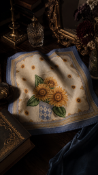 Vintage Sunflower Cotton-Linen Handkerchief, Mediterranean Floral Textile
