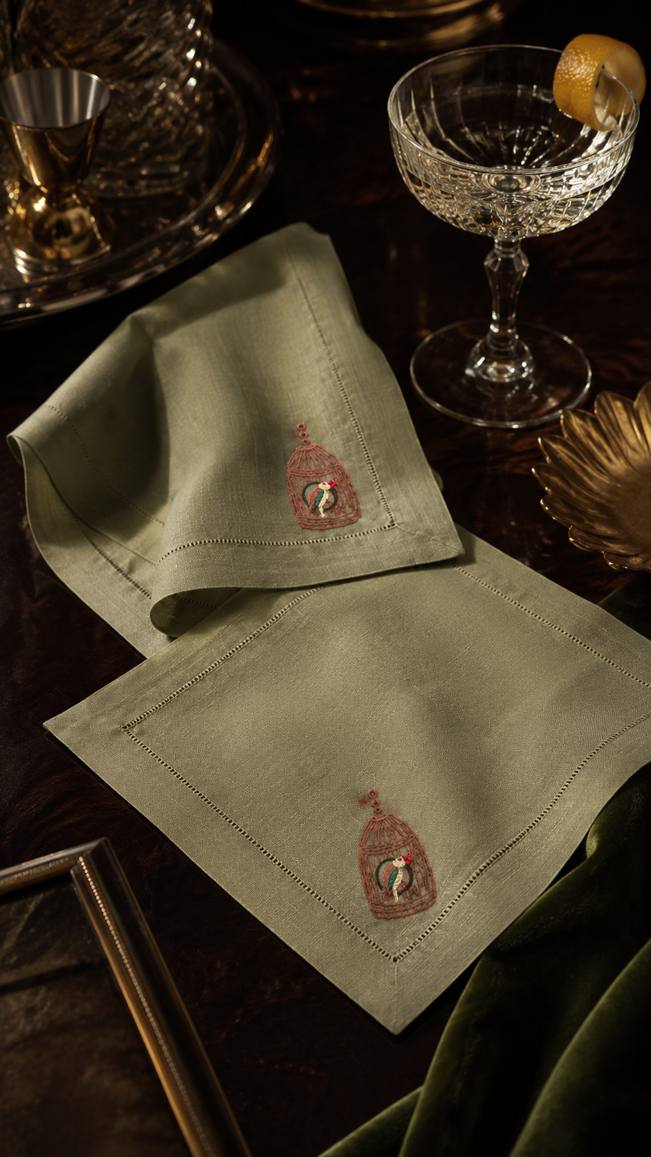 Vintage Embroidered Birdcage Linen Cocktail Napkins, Set of 4, Circa 1960s–1970s